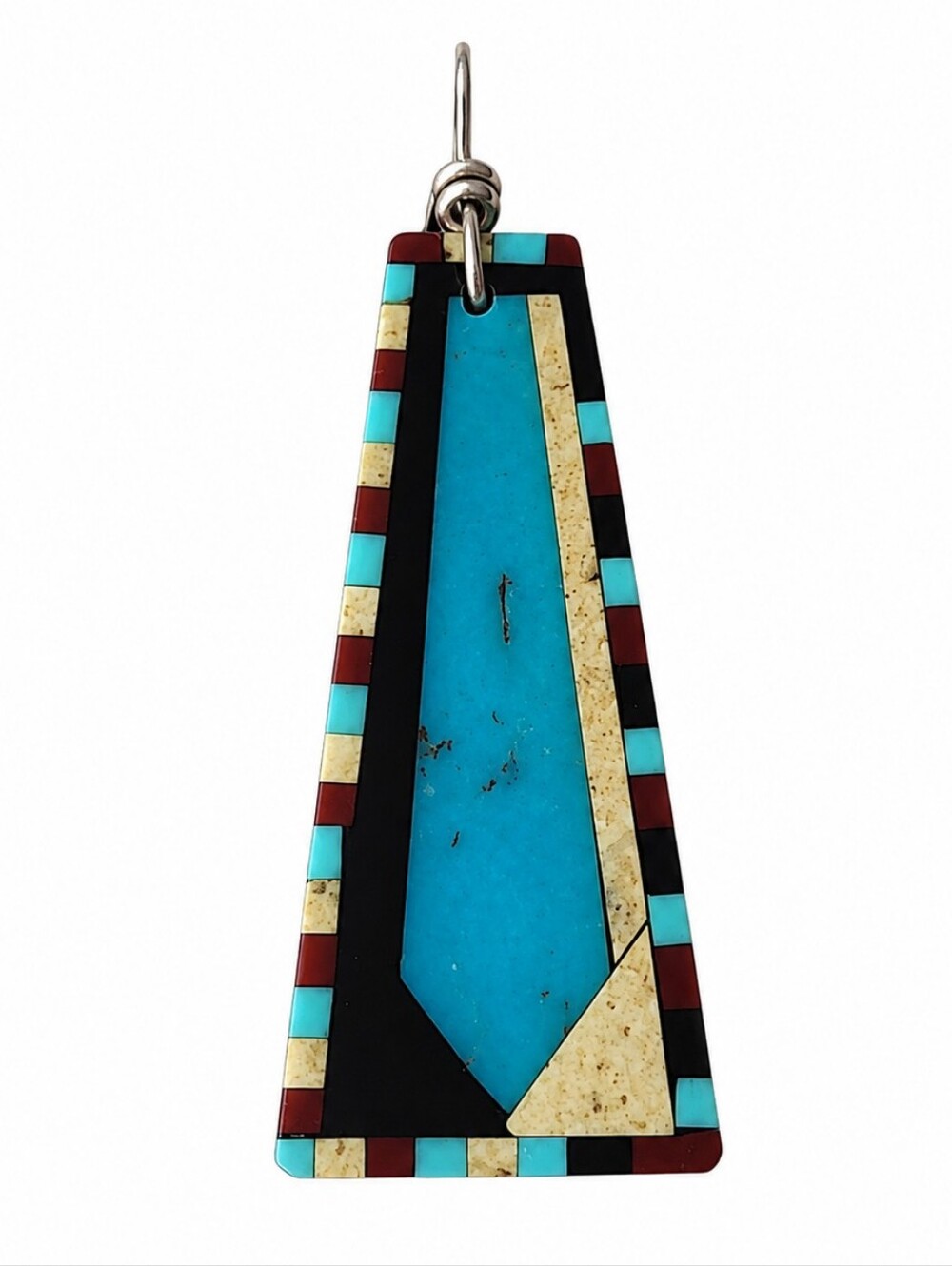 Native American Southwestern Geometric Inlay Pendant Turquoise Black Red Silver